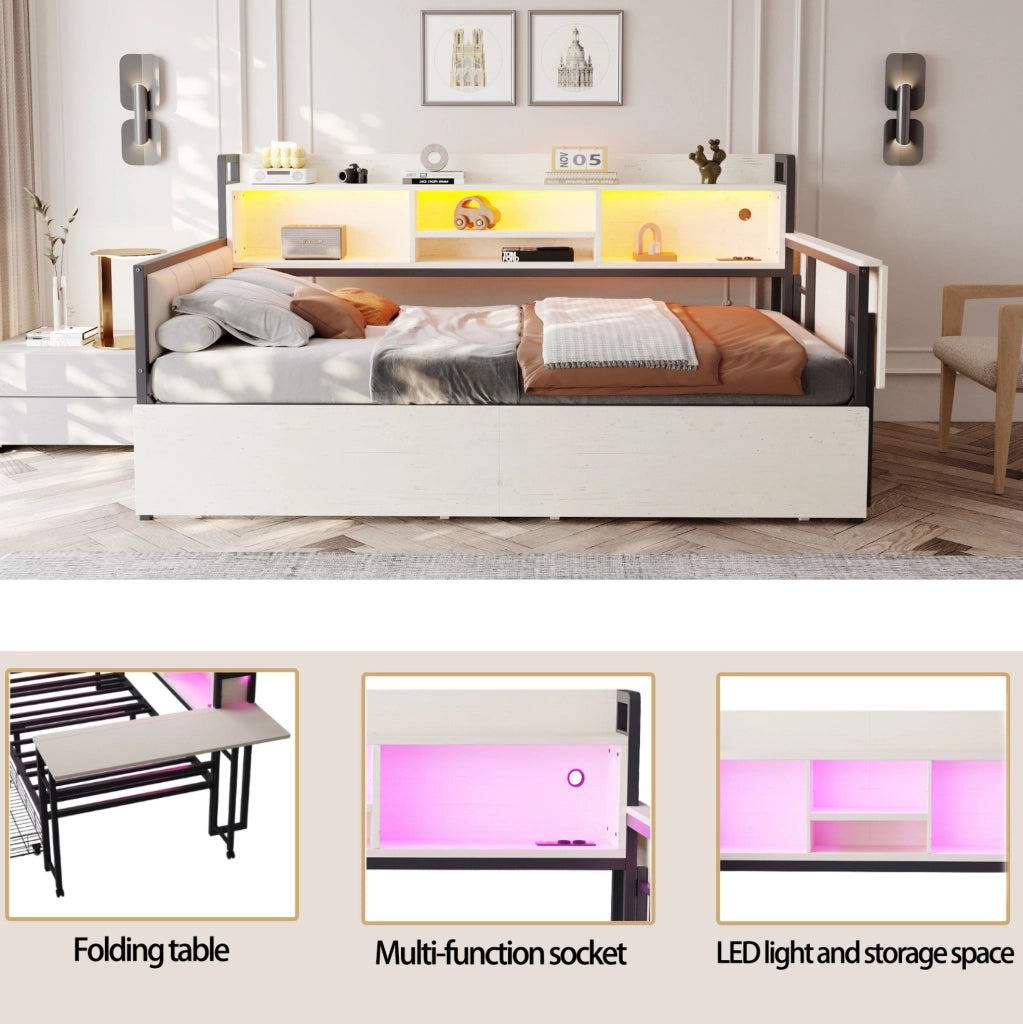 Letto singolo multifunzione 90x200 cm con LED, scrivania e cassetti