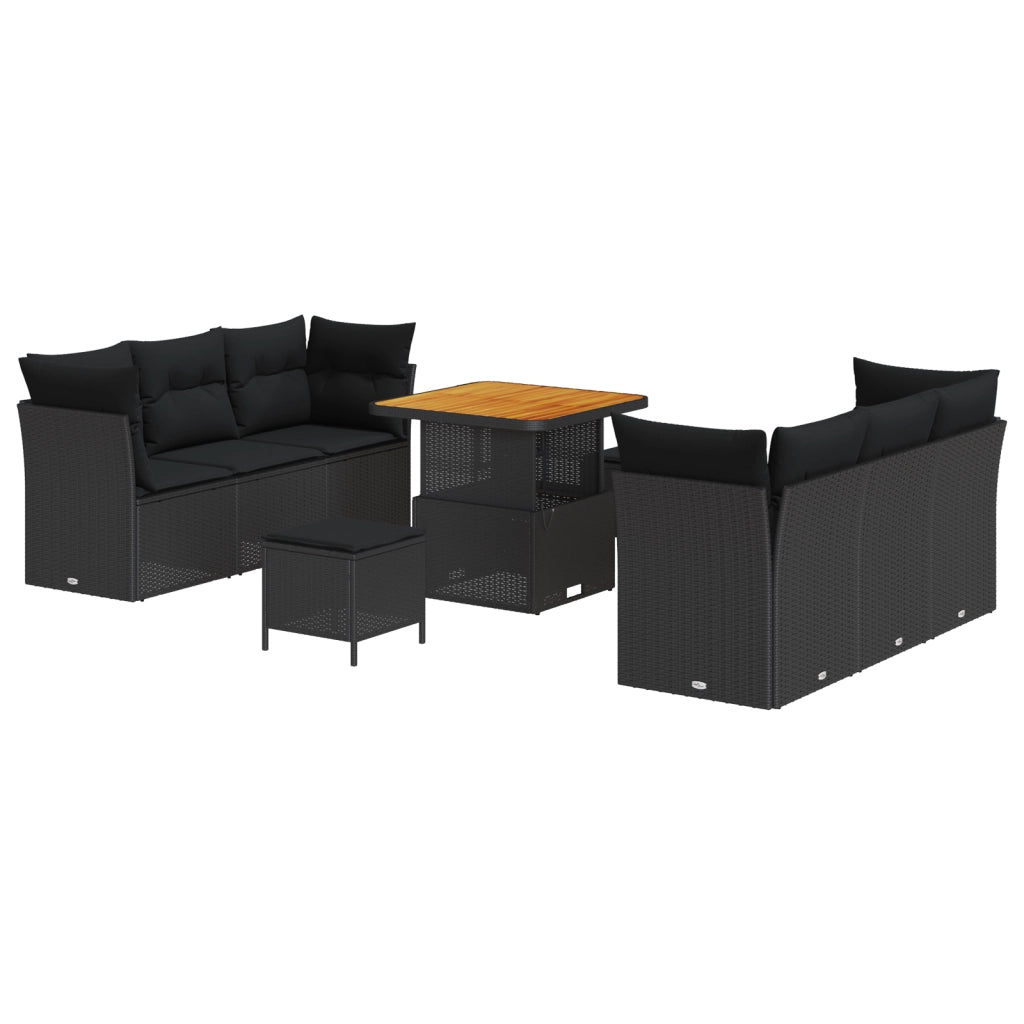 Set di divano da giardino  9 pezzi con cuscini Nero in polyrattan e Acacia