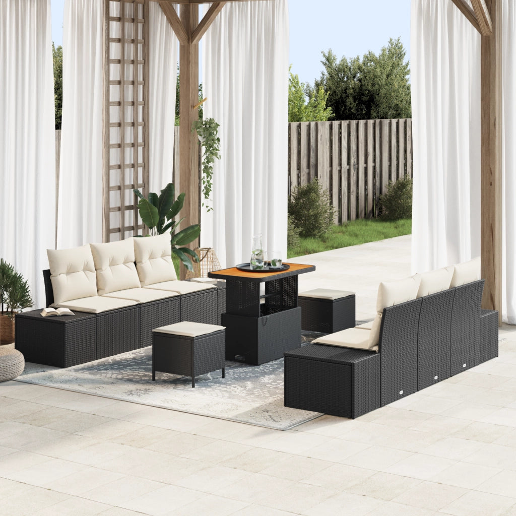 Set di Divani da Giardino 9 Pezzi con Cuscini Polyrattan Nero Acacia