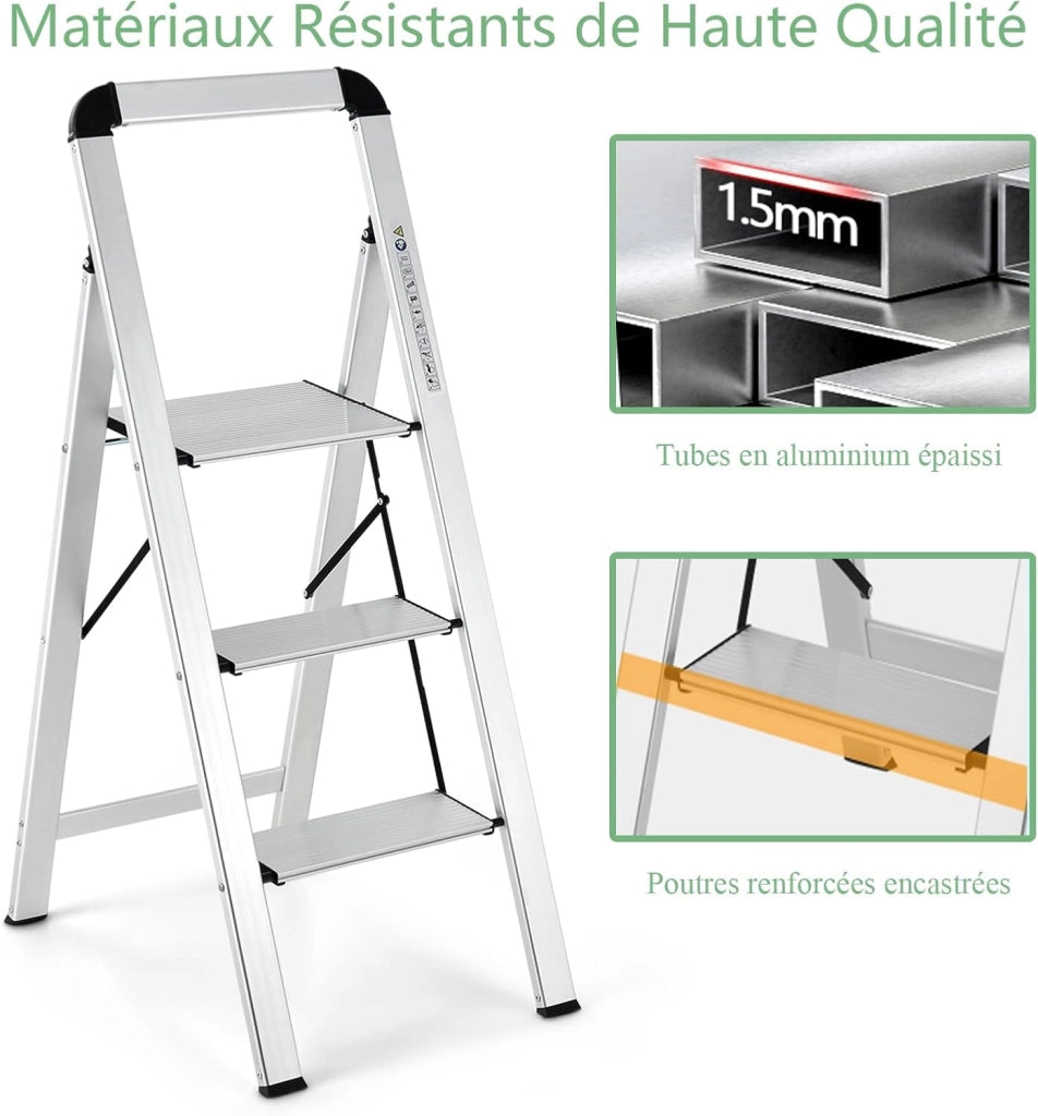 Scala 3 Gradini in Alluminio, Scaletta Pieghevole con Piedini Antiscivolo, Leggera e Portatile, Portata 150 kg, Attacco & Fibbia di Sicurezza, per Casa, Officina, Garage, 44 X 62 X 109 CM