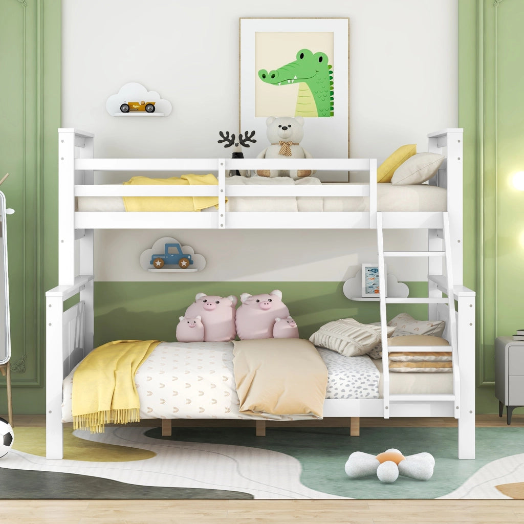 OKWISH Letto a Castello 90×200 cm e 140×200 cm, Letto 3 Posti con Scala Inclinata e Sponda di Sicurezza, senza Materasso, Bianco