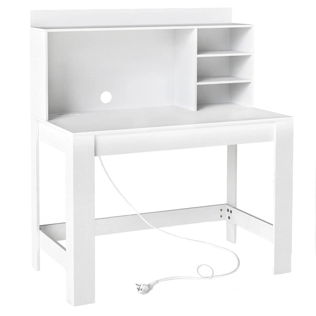 Scrivania per computer con libreria 108 x 60 x 75 cm con presa di corrente integrata e ripiani moderni in MDF bianco 20_0015638