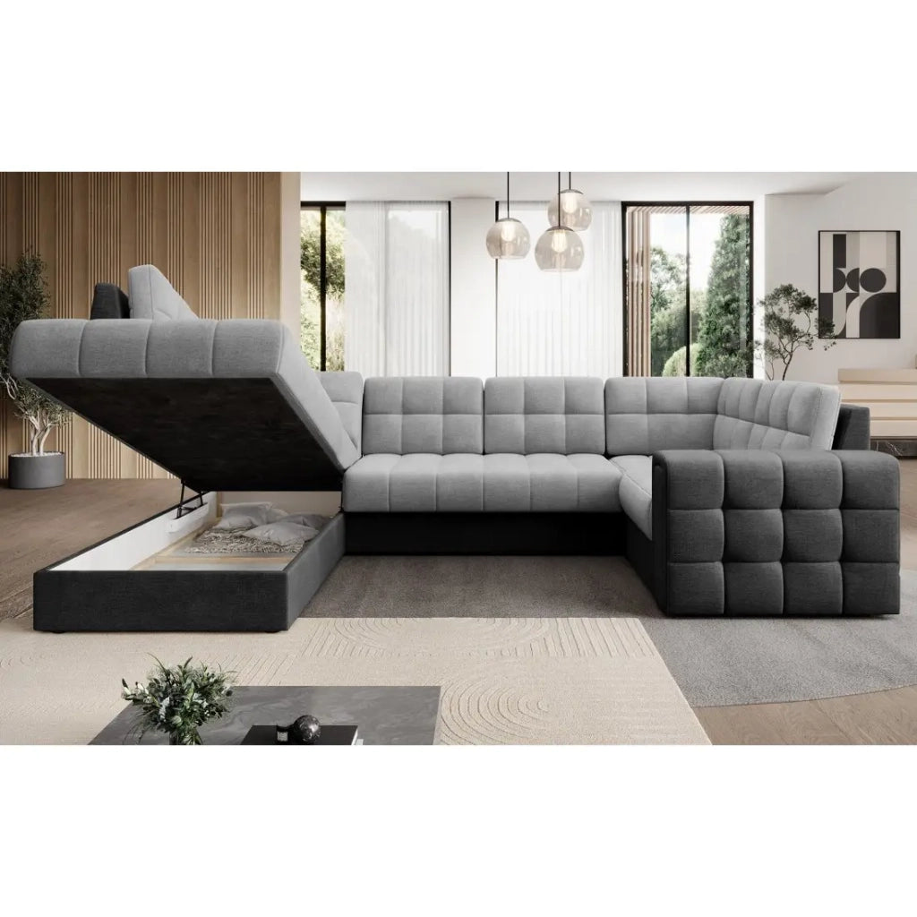 Divano angolare trasformabile MONTEZA grigio e nero sinistro 299 cm con contenitore e letto