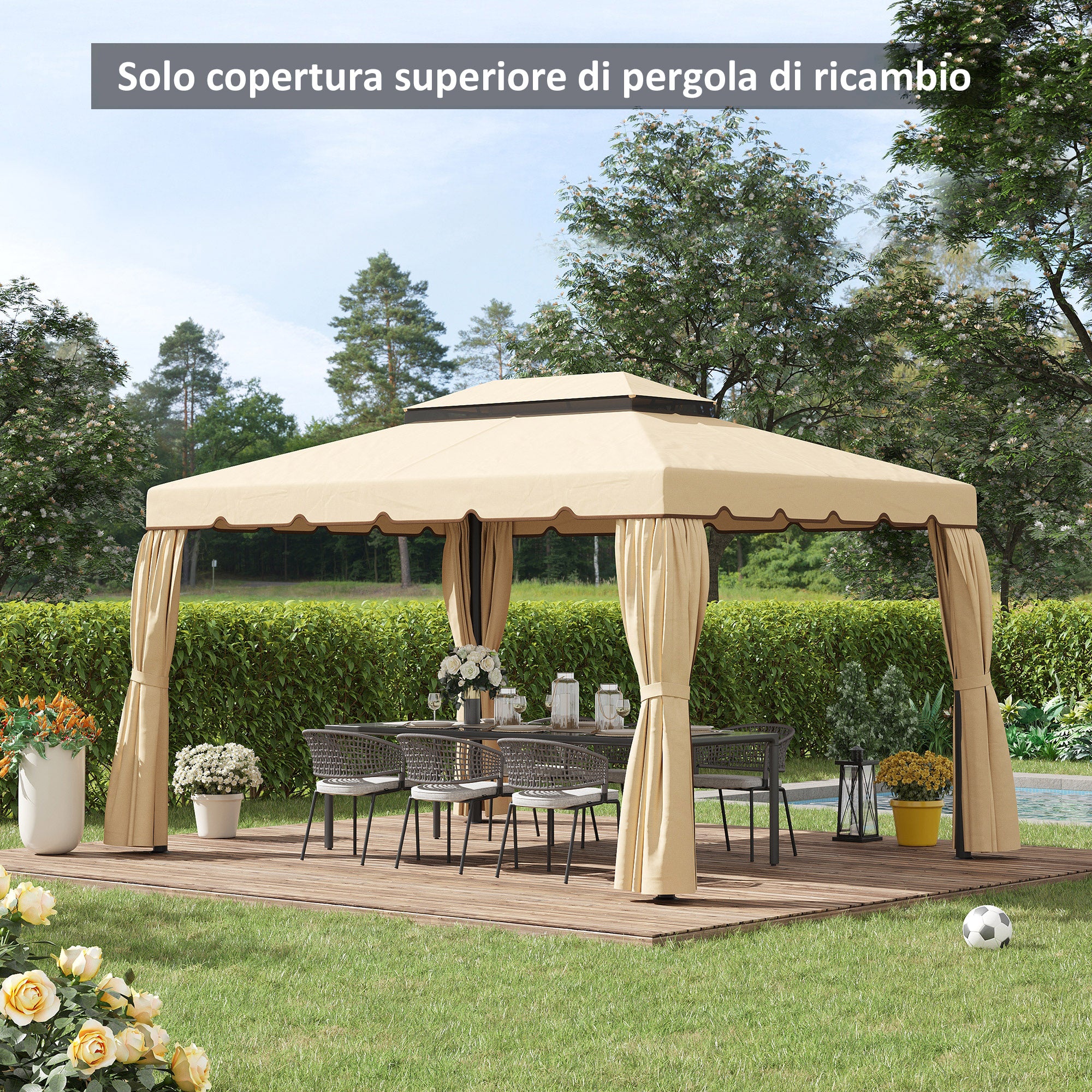 Tetto per Gazebo 3x4 m a 2 Livelli con 8 Fori di Drenaggio in Poliestere Bianco Crema