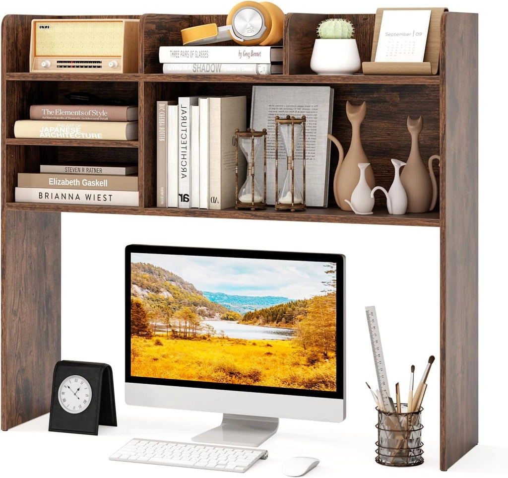 Libreria per schermo del computer, organizzatore in legno con 6 ripiani, scaffale a 3 livelli con 2 dispositivi anti-ribaltamento per ufficio a casa (marrone)