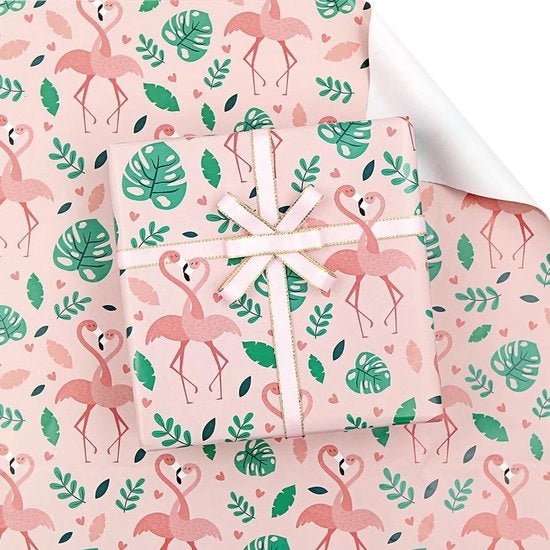 Papier di Confezione per Festa - Flamingo/Monstera - 4 Fogli - 50x70 cm - Adatto per Festa di Compleanno/Baby Shower - Papier di Carta Rosa - Papier di Confezione con Cerniera