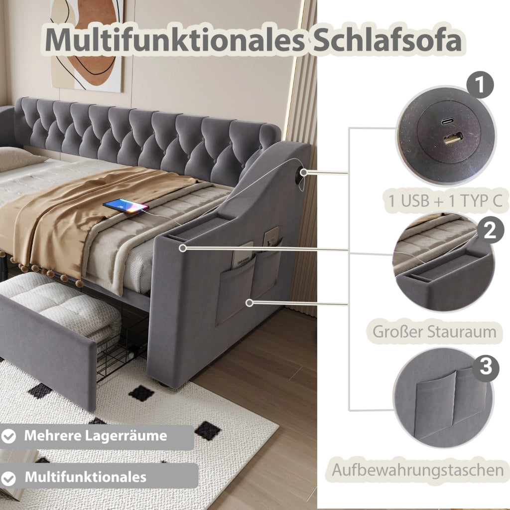 Divano letto imbottito in velluto con 2 cassetti; vani contenitore e USB; 90 x 190 cm; grigio