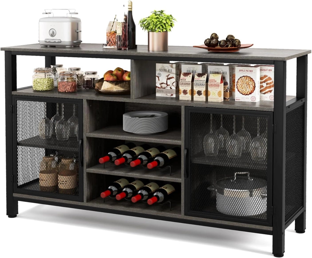 Credenza da Buffet, Mobilellto da Cucina con Portabottiglie e Portabicchieri, Porta TV per TV fino a 60" con 2 Armadietti con Anta, 3 Ripiani e 2 Scomparti Aperti, Nero/Grigio(Grigio)