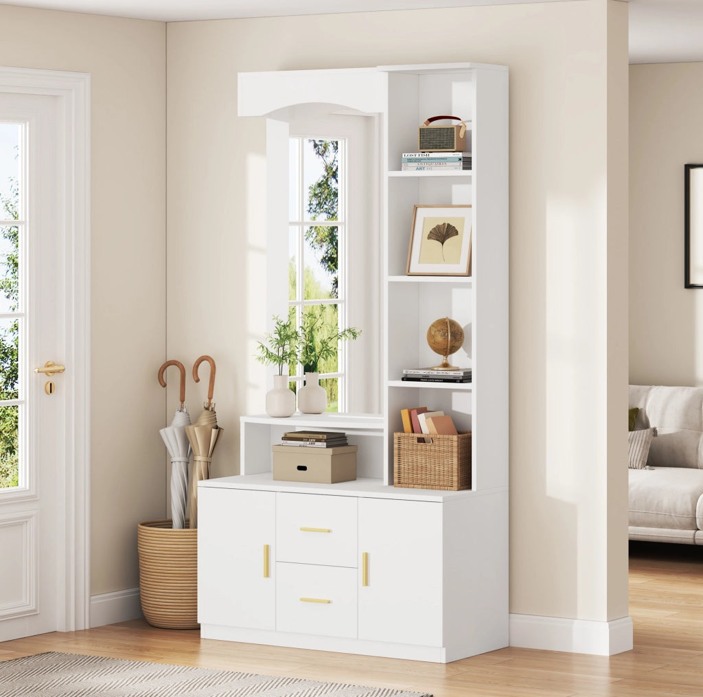 Mobile ingresso multifunzione 90x40x180 cm con specchio; 2 armadi e 2 cassetti; bianco