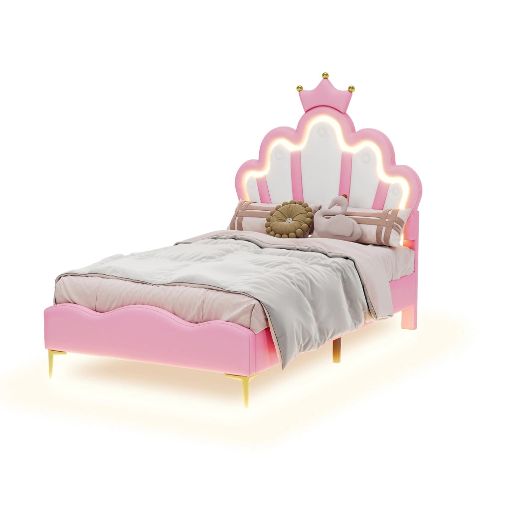 Letto singolo 90x200 cm con LED e testiera a nuvola; PU; rosa