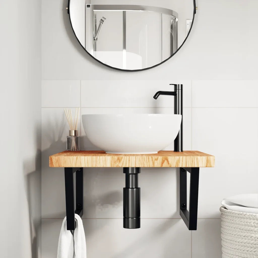 Ripiano a Parete per Lavabo-Mensole a Muro in Acciaio e Massello di Rovere 672170
