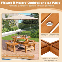 Set Tavolo con 4 Panche da Picnic, Tavolo da Pranzo Rotondo per 8 Persone, con Foro per Ombrello da 5 cm, Set di Mobili da Picnic da Esterno, per Giardino Patio (Giallo)