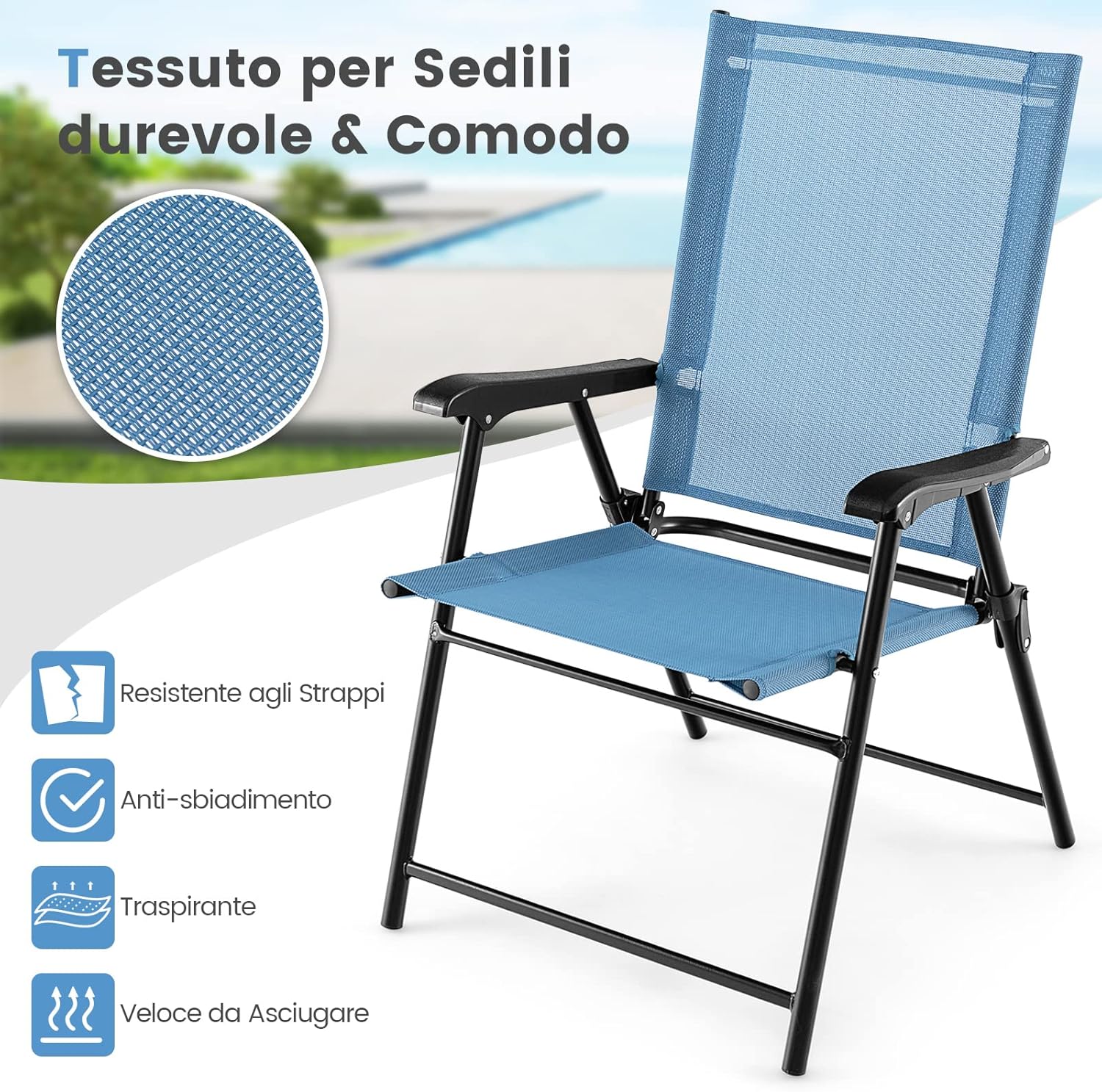 Set di 2 Sedie Pieghevoli da Giardino, Sedie Portatili con Braccioli e Struttura in Metallo, Sedie da Esterno Giardino Campeggio Terrazza Balcone Piscina, 65x60x93cm (blu)