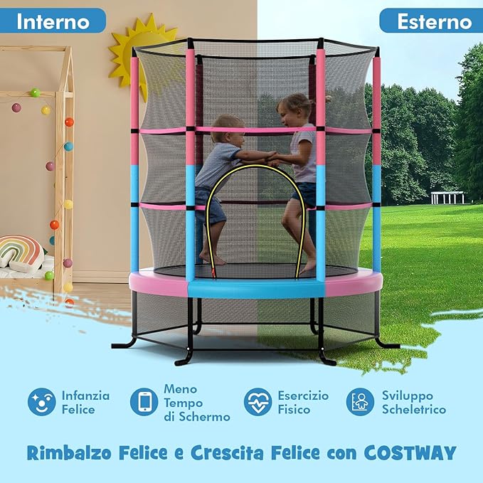 Trampolino Elastico Bambino in Acciaio, Tappeto Elastico Bambini da Esterno e da Interno, con Rete e Cusicnetti Antiscivolo