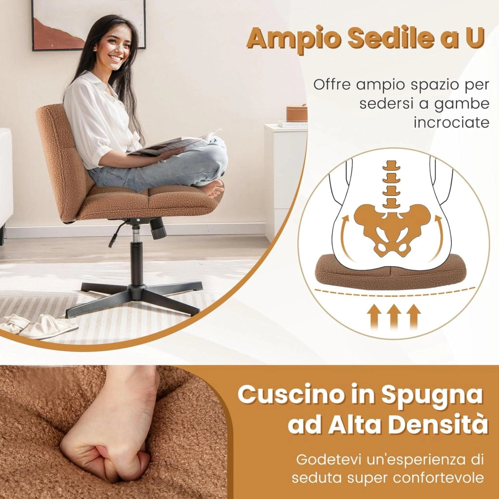 Sedia da Scrivania senza Braccioli, Sedia da Ufficio a Gambe Incrociate, Altezza Regolabile, Girevole a 360°, Tessuto Morbido, Ampia Seduta Imbottita, per Soggiorno Ufficio (Marrone)