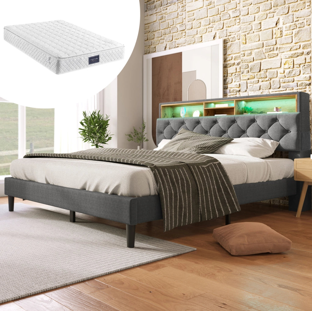 Letto matrimoniale imbottito con testiera contenitore e LED 140x200 cm; grigio