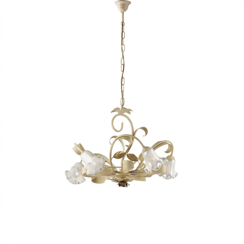 Lampadario Arte Povera Cesto Metallo Avorio E Oro 5 Luci E14