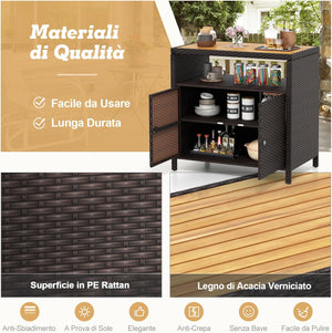 Armadietto Portaoggetti in Rattan, Mobile Buffet per Esterni in Legno di Acacia, Con Compartimento Aperto e Armadio Chiuso a 2 Ante, per Piscina, Terrazza e Patio, 90 x 53 x 66 cm (Marrone)