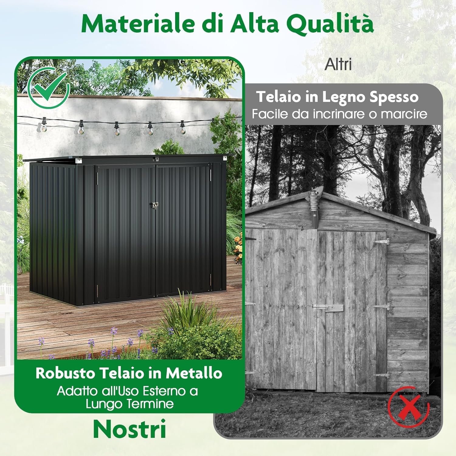 Casetta per Spazzatura Esterna, Capanni da Giardino Bloccabile con Doppie Aperture, 2 Porte e Struttura in Metallo Zincato, Organizzatore di Stoccaggio per Patio e Cortile