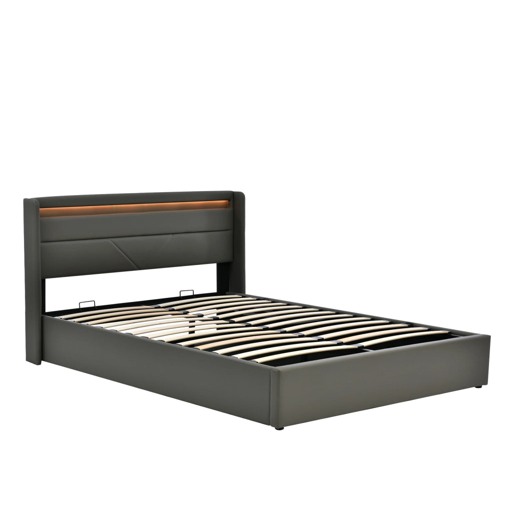 Letti contenitori 160x200 cm; con testiera LED e apertura idraulica; PU; grigio (Senza materasso)