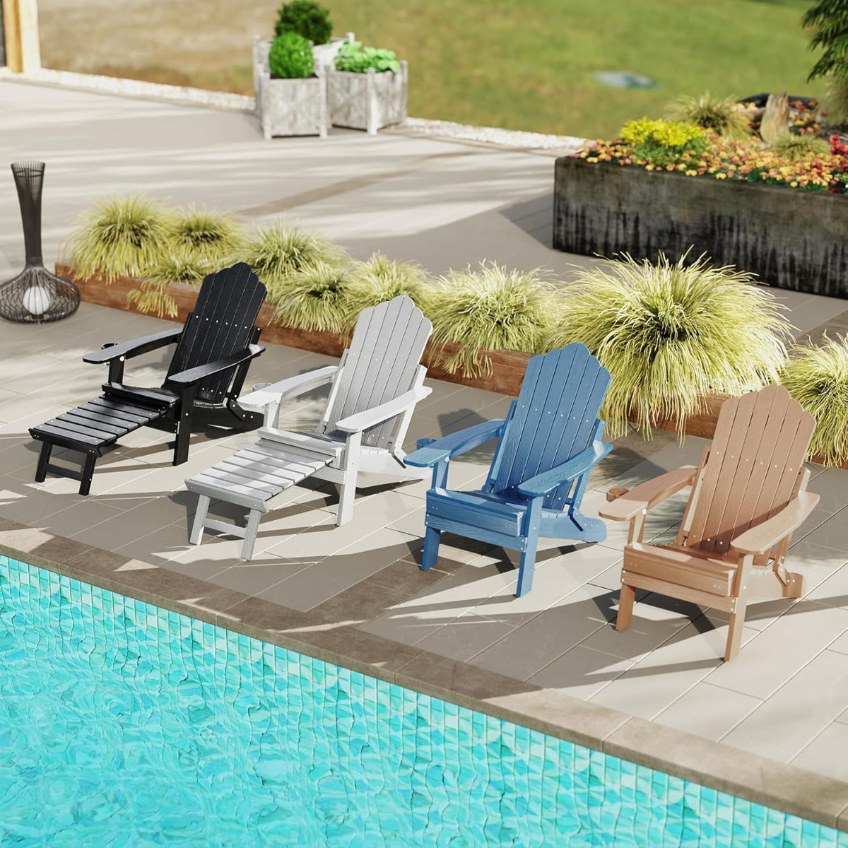 Sedia adirondack per patio con poggiapiedi estraibile, Sedia da lounge hips per tutte ie stagioni Nero-Poltrone e sdraio