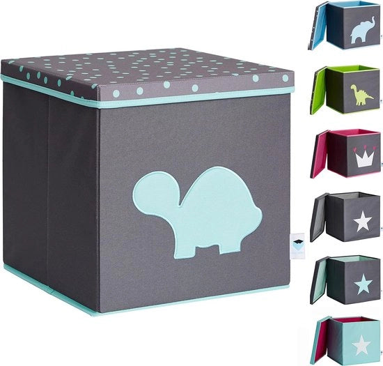 Cassa di gioco con coperchio, tartaruga, MDF rinforzato, poliester, grigio/blu, 33 x 33 x 33 cm