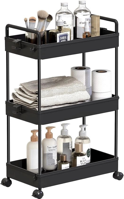 Carrello da cucina, trolley per 3 livelli, organizzatore per spazi angusti, con maniglie, 22 x 40 x 61 cm, nero