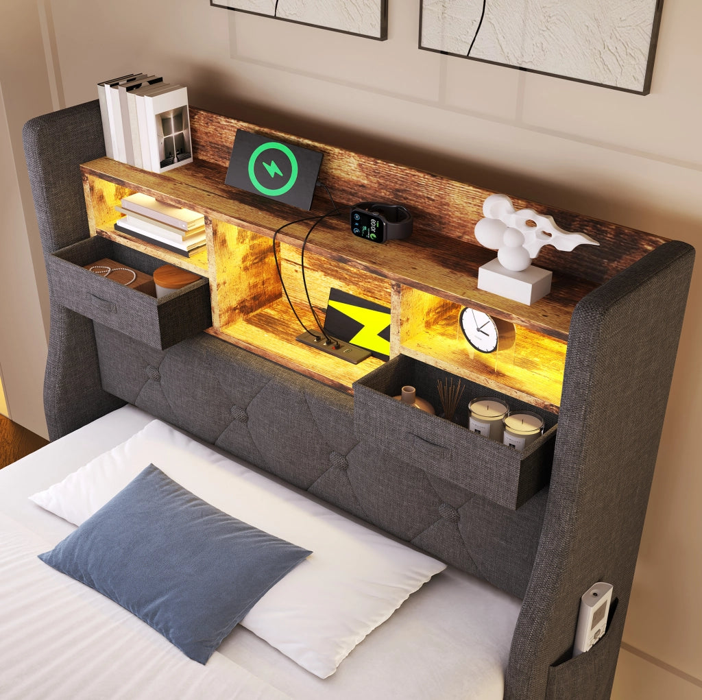Letto imbottito ULEVR 90x200 cm con LED, 3 USB e Type-C, testiera con ripiani e tasche, lino grigio