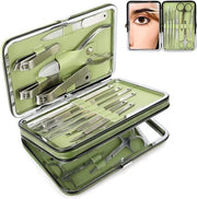 Set di manicure da 21 pezzi di attrezzo professionale in acciaio inossidabile per cura delle unghie con custodia in pelle (verde)