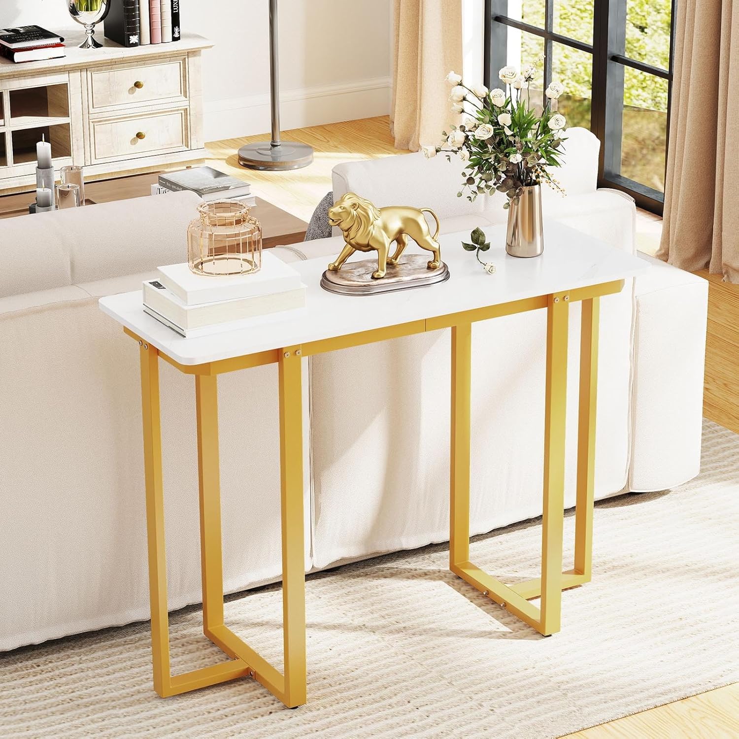 Tavolo Consolle, Tavolo d'Ingresso Moderno in Marmo Finto con Telaio Geometrico in Metallo, Tavolo Stretto per Soggiorno, Corridoio e Ingresso, 107 x 40 x 79,5 cm (Oro e bianco)