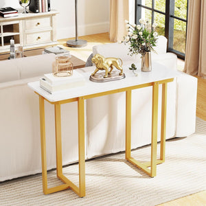 Tavolo Consolle, Tavolo d'Ingresso Moderno in Marmo Finto con Telaio Geometrico in Metallo, Tavolo Stretto per Soggiorno, Corridoio e Ingresso, 107 x 40 x 79,5 cm (Oro e bianco)