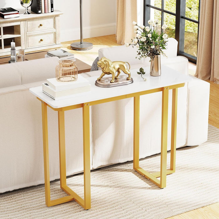 Tavolo Consolle, Tavolo d'Ingresso Moderno in Marmo Finto con Telaio Geometrico in Metallo, Tavolo Stretto per Soggiorno, Corridoio e Ingresso, 107 x 40 x 79,5 cm (Oro e bianco)