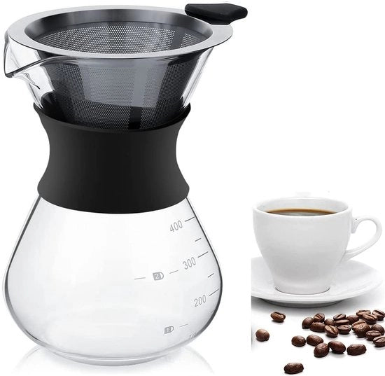Caffettiera con filtro in acciaio inossidabile - Caffettiera in vetro - Filtro di caffè manuale - Capacità 400ml - Dimensioni compatte 10x11,5x15cm - Progettata in stile elegante - Caffettiera con filtro