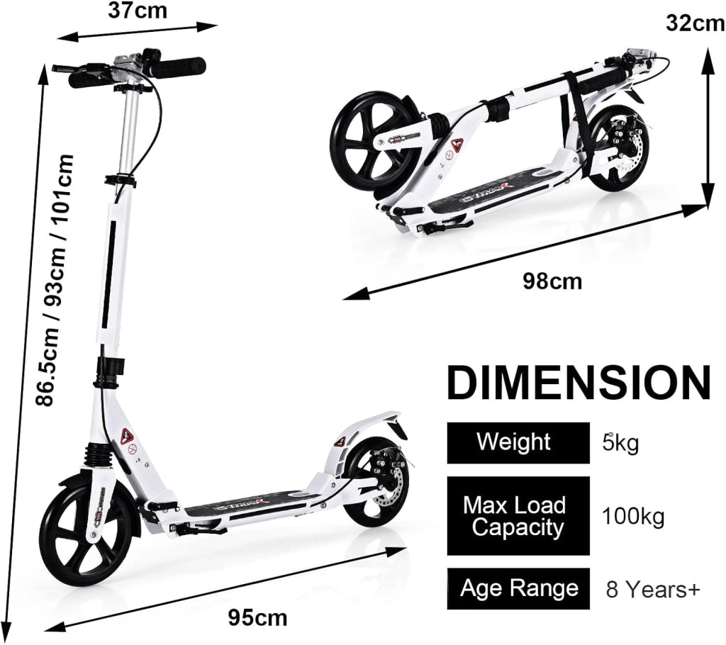 Scooter pieghevole con 2 ruote e freno, monopattino per bambini con 3 altezze regolabili, skateboard, carico fino a 100 kg, per bambini oltre 8 anni e adulti