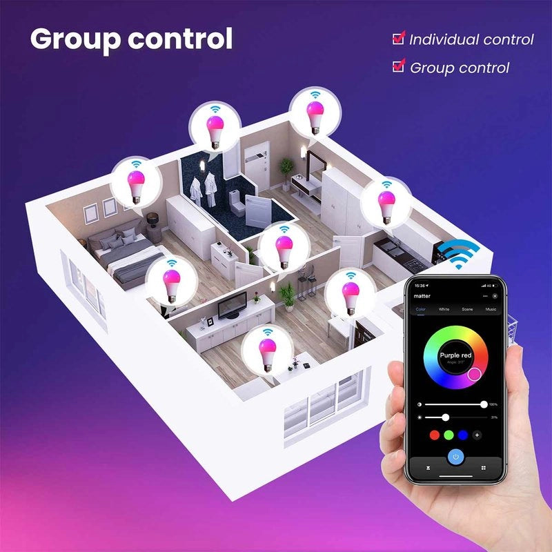Lampadina Matter LED Wifi Smart Multicolore RGB Dimmerabile E27 9W 806Lm App Compatibile con Amazon Alexa e Google Home