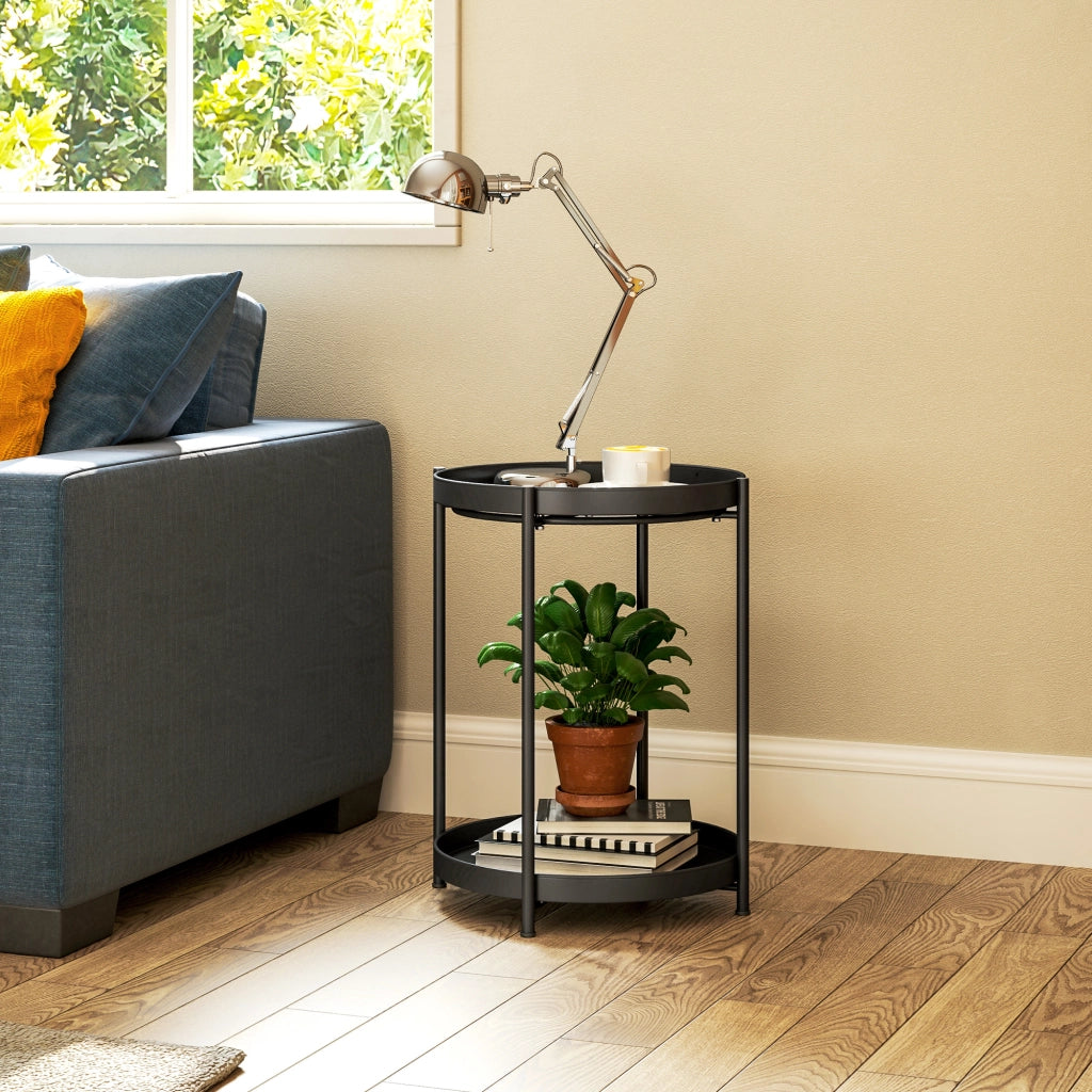 TAVOLINO ROTONDO 44x44x56 cm in acciaio nero con 2 ripiani