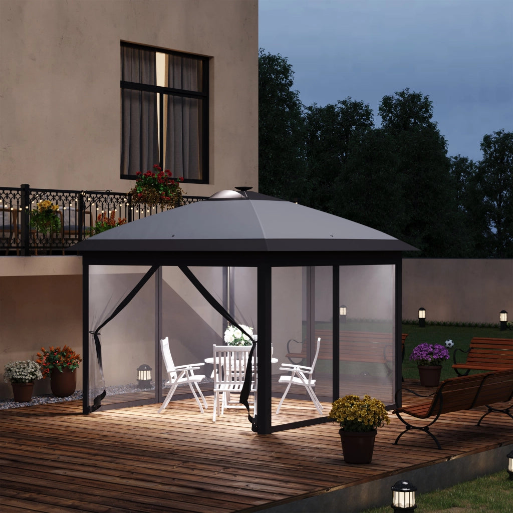 Gazebo 3;3 x 3;3 m con illuminazione LED; tende a rete; borsa da trasporto; grigio