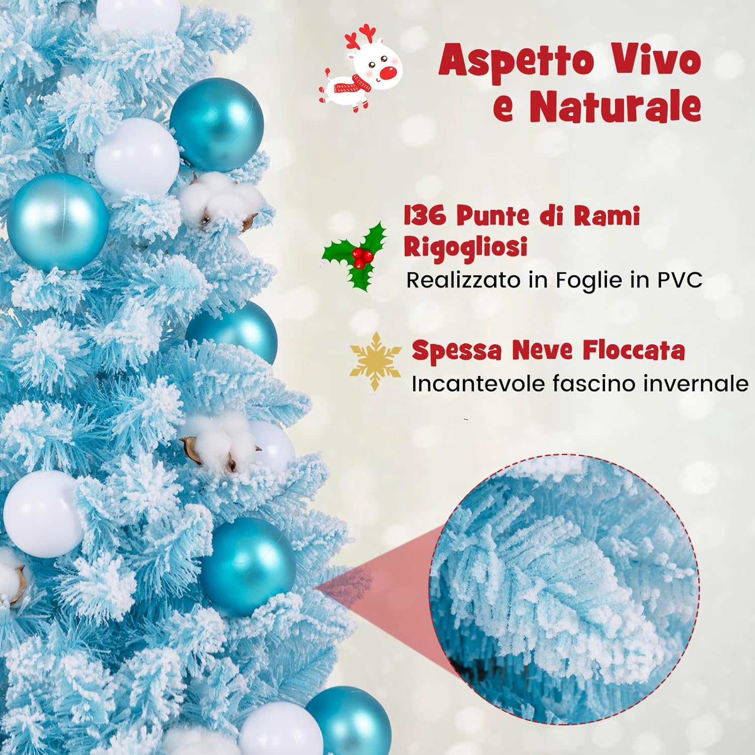 Albero di Natale Artificiale Mini 90 cm, Albero di Natale Innevato da Tavolo con 12 Palline di Cotone Naturale, 24 Palline Decorative e Rami Imbiancati, Decorazione per Feste (Celeste)