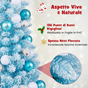 Albero di Natale Artificiale Mini 90 cm, Albero di Natale Innevato da Tavolo con 12 Palline di Cotone Naturale, 24 Palline Decorative e Rami Imbiancati, Decorazione per Feste (Celeste)