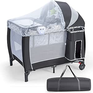 Lettino Culla da Viaggio per Neonati e Bambini, Box Portatile Pieghevole, con Materassino Ruote e Borsa, Nero