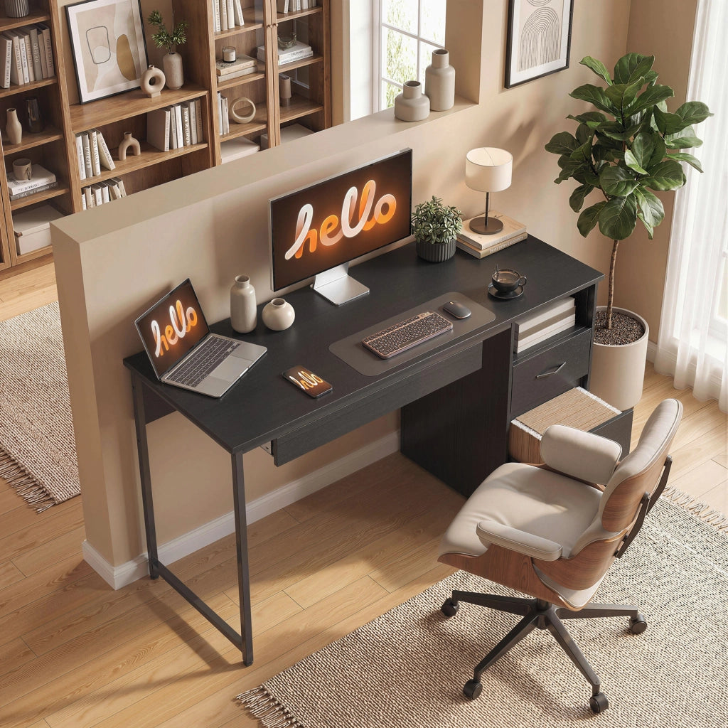 Scrivania Moderna con Cassetti e Ripiani Aperti ¨C Zephmum ¨C Legno, Acciaio, Nero, 120x52.3x76 cm