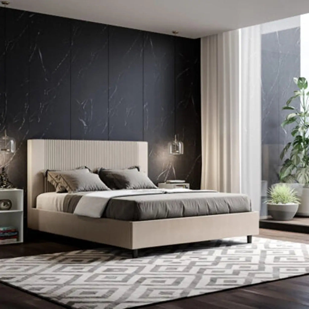 Letto matrimoniale con rete imbottito 160x200 similpelle tortora Goya