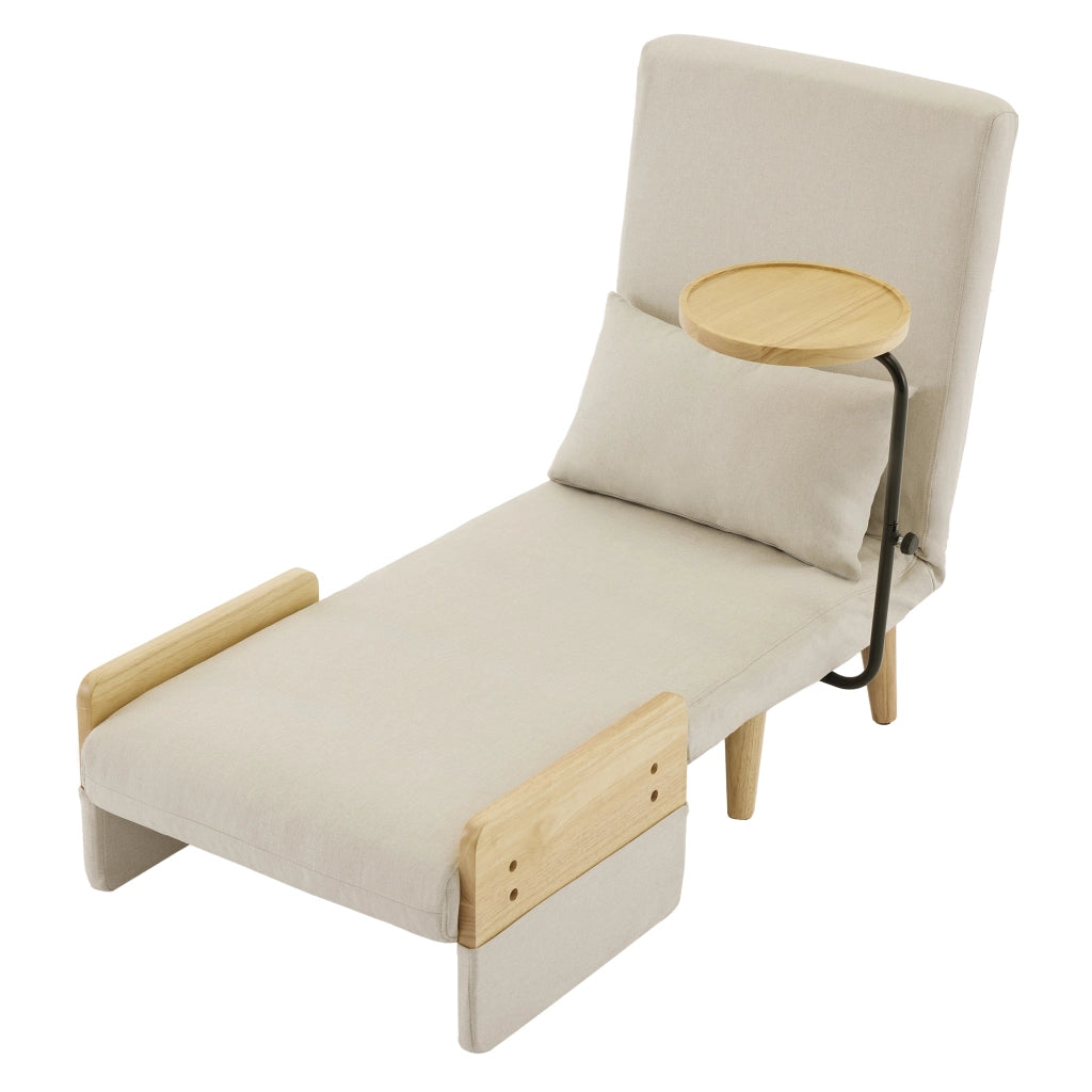 Poltrona reclinabile 3 in 1 in lino beige con tavolino in legno, cuscino e schienale regolabile