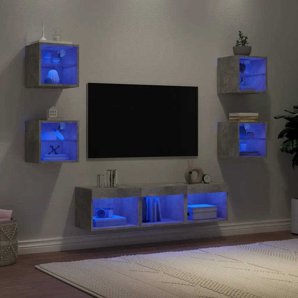 Mobili TV a Muro con LED 7pz Grigio Cemento Legno Multistratocod mxl 134235