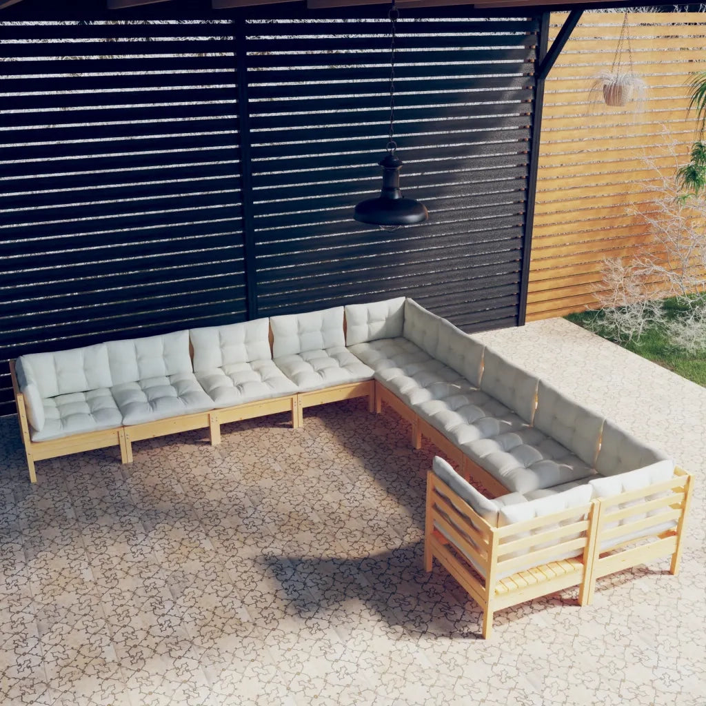 Set Divani da Giardino 10 pz con Cuscini Crema Massello di Pino 3097007