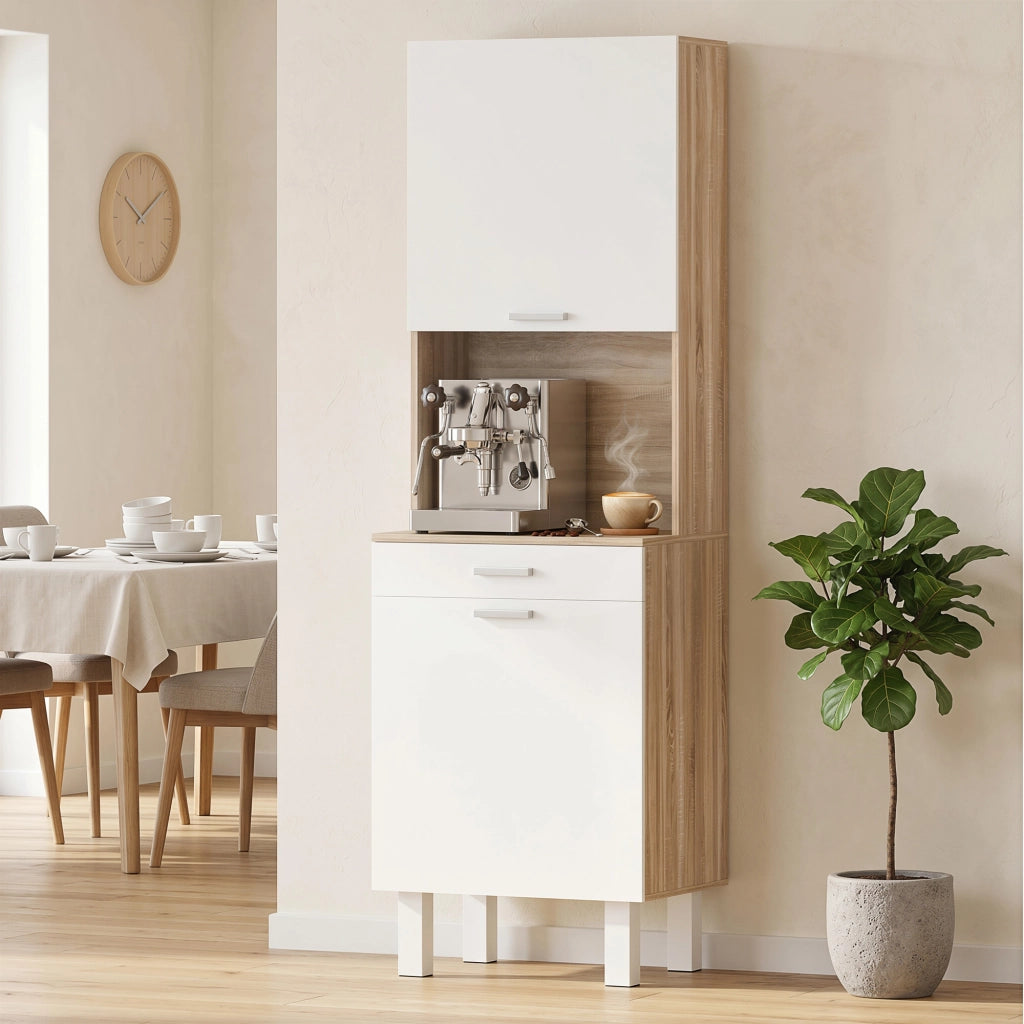 Armadio da Cucina con Ante, Cassetto e Piano di Lavoro ¨C zephmum ¨C Bianco e Legno Naturale 55x40x174 cm