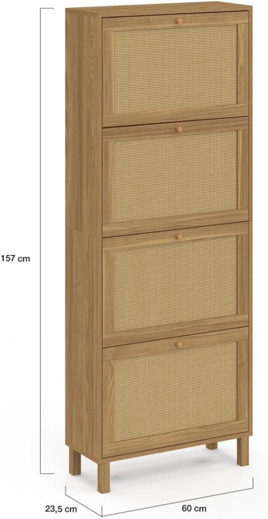 HANAE Scarpiera vintage da 24 pezzi con 4 ante in canna effetto naturale