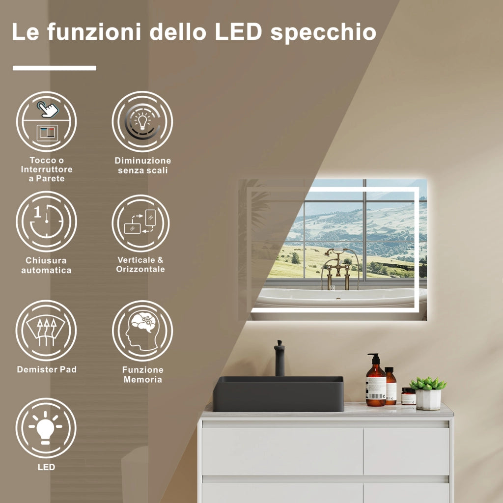 80×60 cm Specchio da Bagno Rettangolare a LED Specchio da Toeletta Specchio da Parete, Luce Bianca 6000K, Anti-fog, Touch