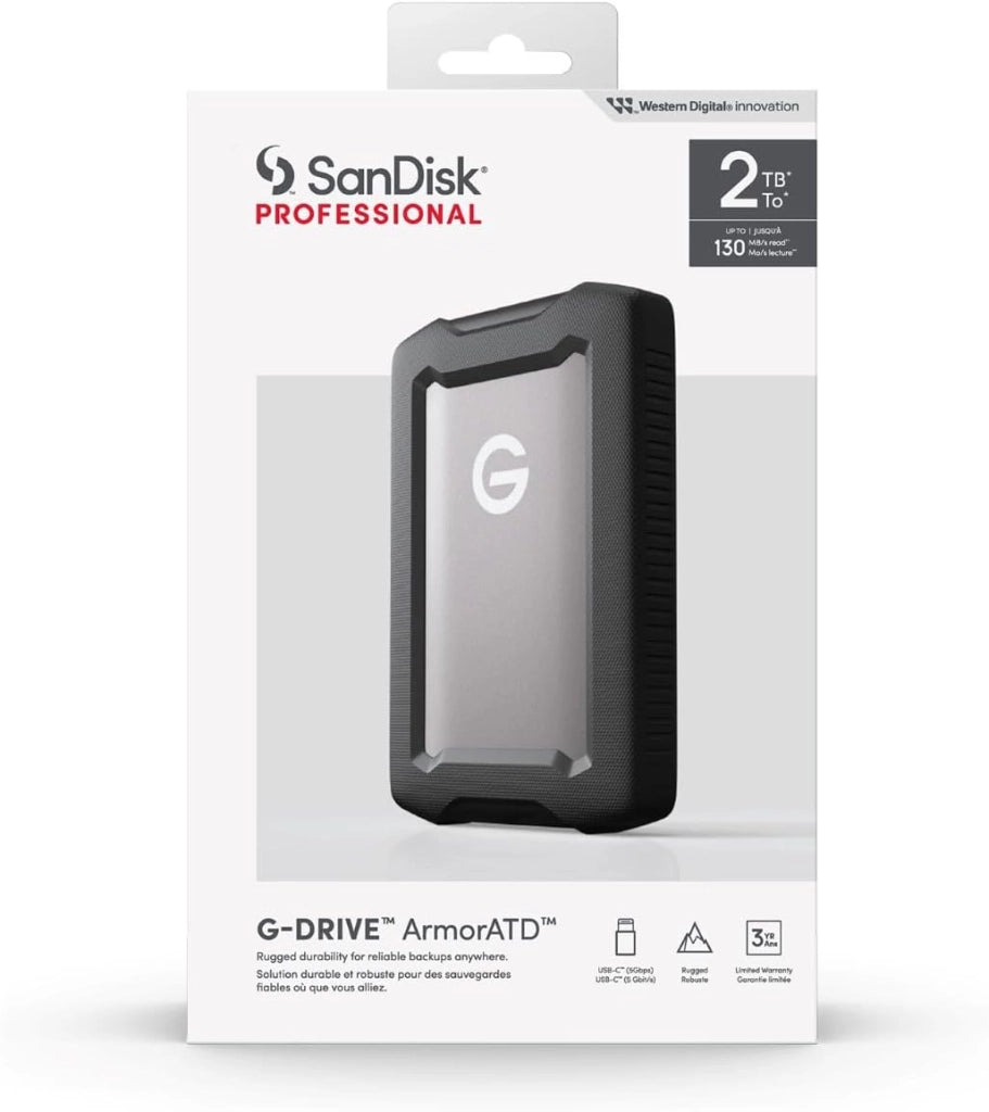 G-DRIVE ArmorATD 2TB, HDD portatile USB-C (5Gbps), USB 3.2 Gen 1, Thunderbolt 3, fino a 130 MB/s