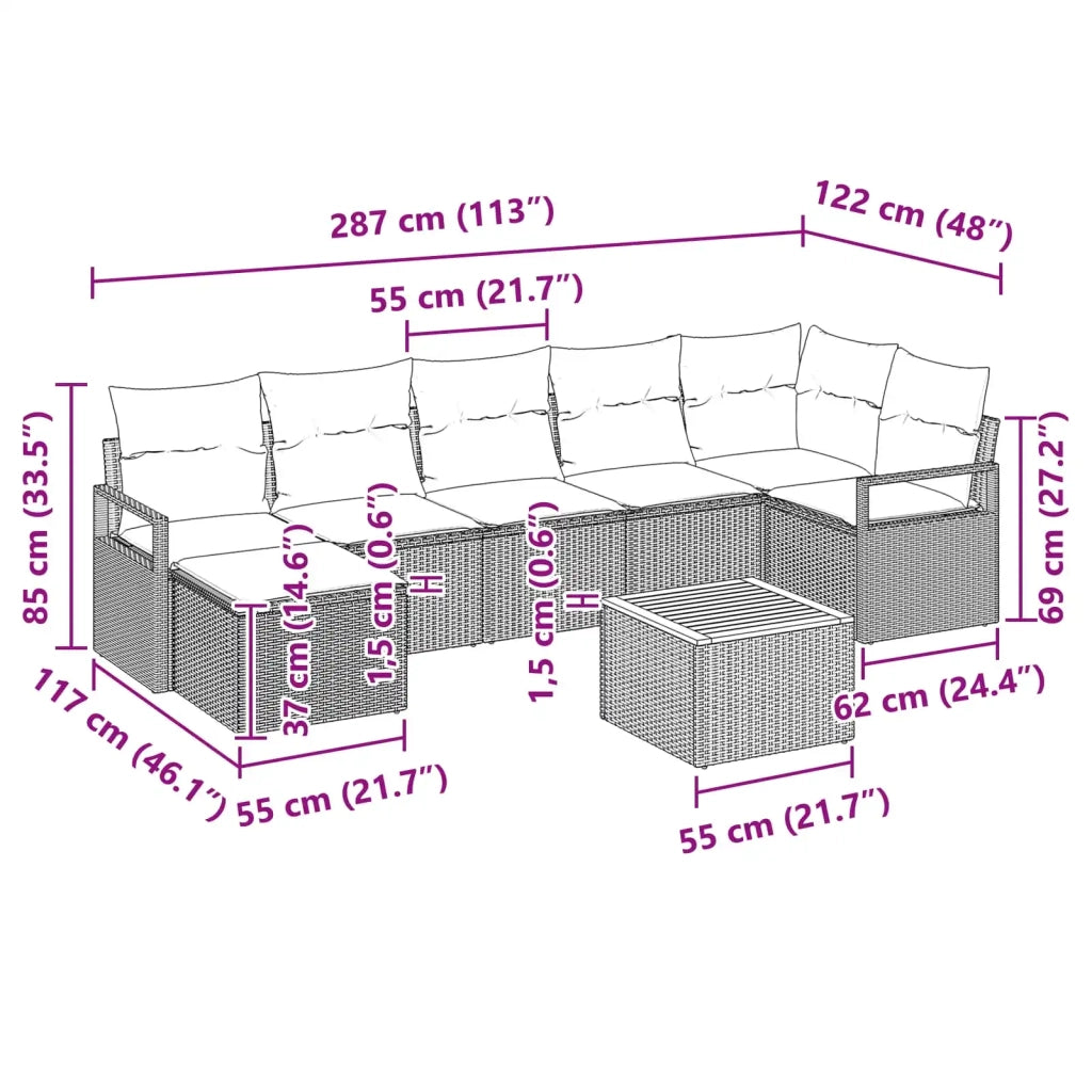 Set Divano da Giardino con cuscino 8 pcs Grigio polyrattan